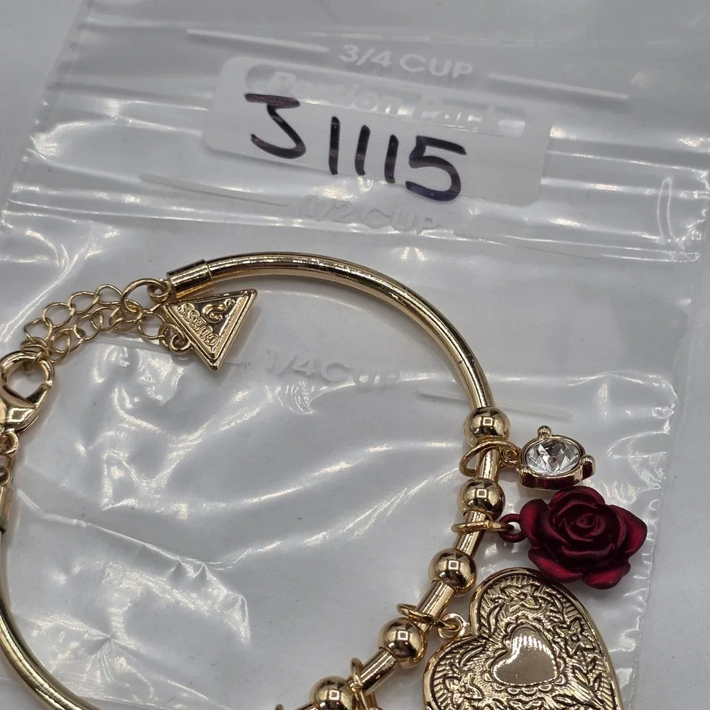 Guess Gold Tone Heart Locket Rose Charm Bangle Bracelet Adjustable Logo Tag